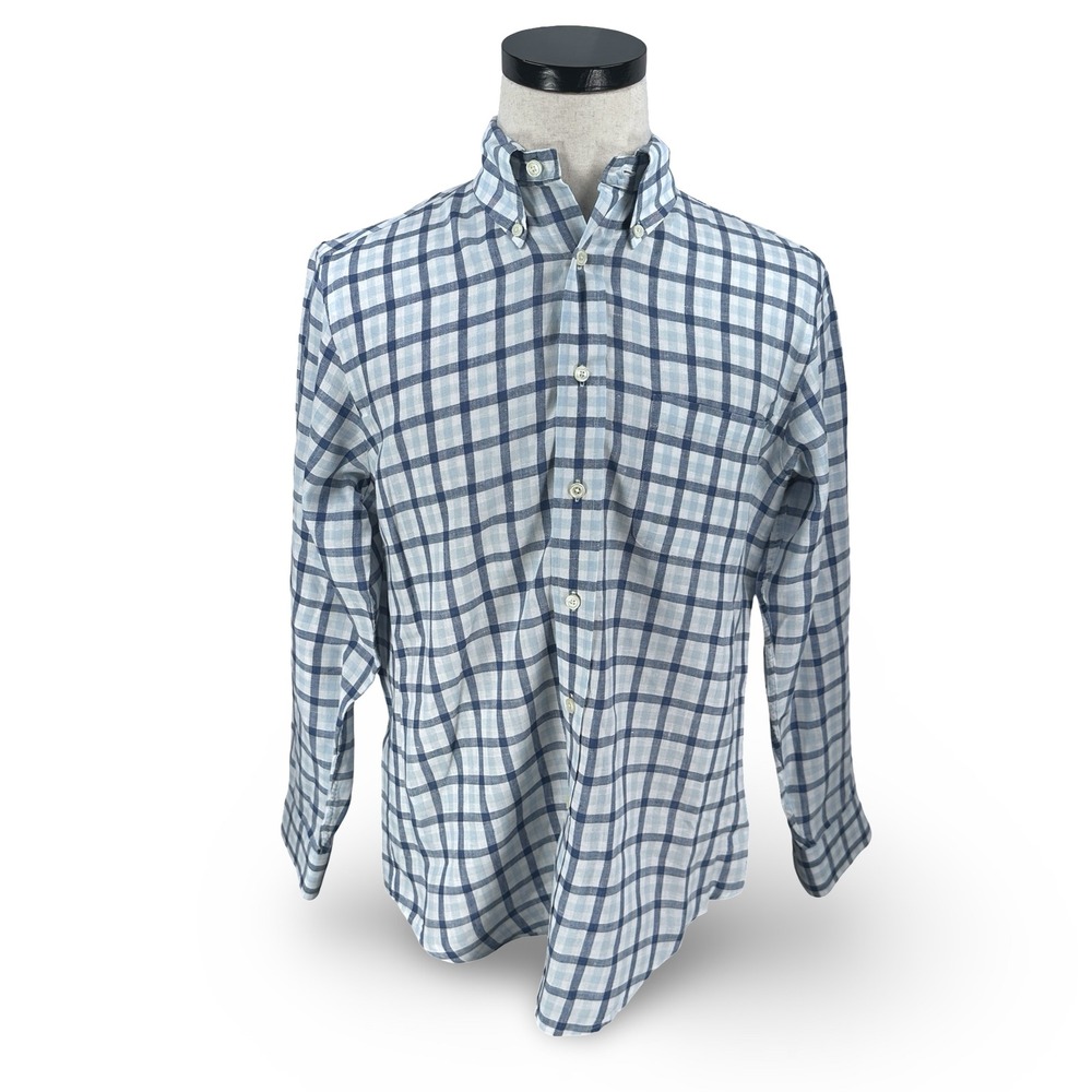 Brooks Brothers Regent Irish Linen Shirt Men Medium Blue White Check Long Sleeve